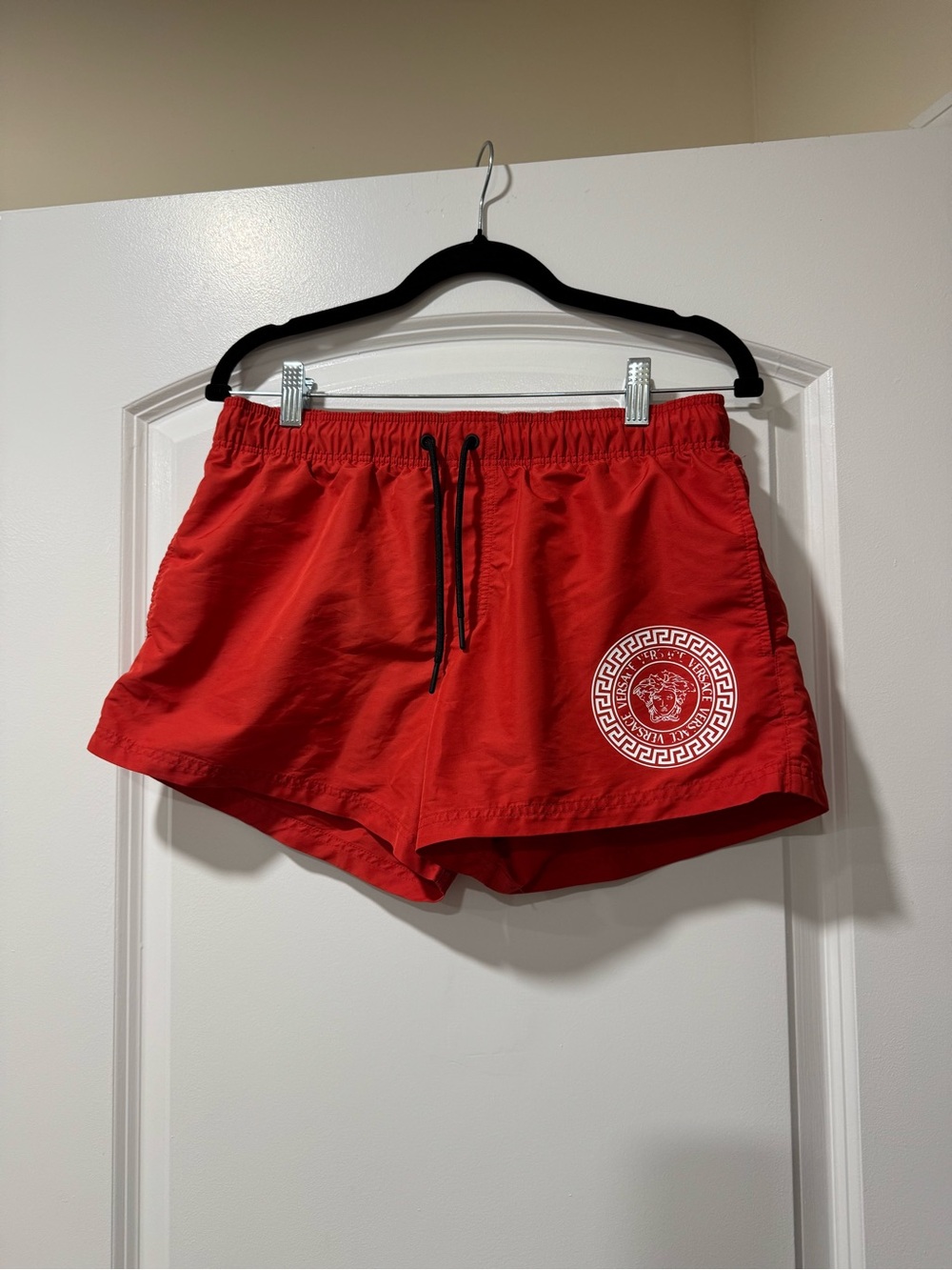 Versace Red Men's Swim Trunks with White Medusa Logo